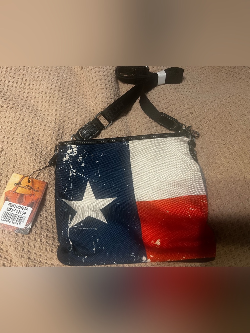 Canvas Crossbody Bag with Texas Flag Print - Blue/White/Red